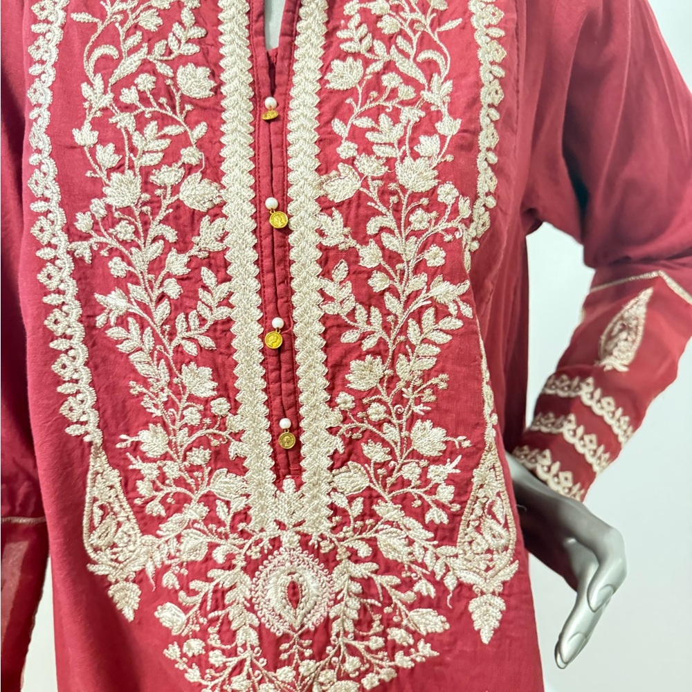 Sapphire Burgundy Cotton Tunic Top Gold Embroidery Long Sleeved‎ Dress - Picture 7 of 13
